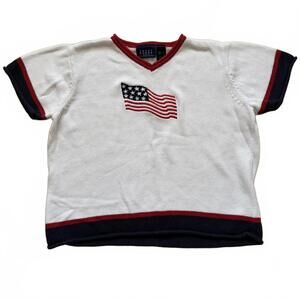 Vintage Crazy Horse Liz Claiborne American Flag Knit Crop Sweater Tee Shirt L